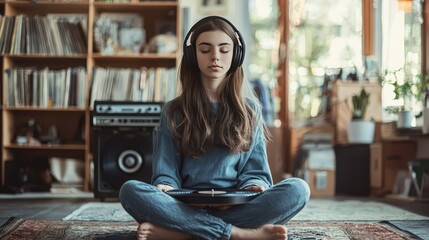 teenage girl sitting cross-legged with her headphones on, lost in the music as her record player softly plays in the background.