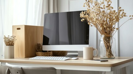 A cozy home office setup featuring a computer, minimalist decor, and dried flowers in a jar, perfect for inspiration and productivity.