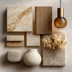 material board collection of tactile and elegant materials for the interior of a luxury spa, including creamy marble with subtle golden veining, crudo-toned textured wall finishes, natural oak wood 