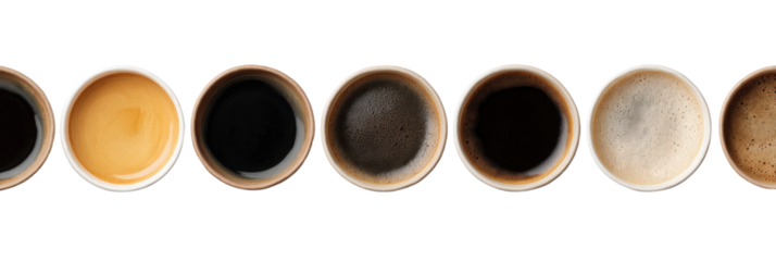Coffee Cup Spectacle: A mesmerizing top-down view of a series of coffee cups, each showcasing a distinct shade and texture of brewed coffee, symbolizing the diverse nuances of coffee blends.