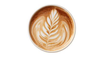 Latte Art Delight: An overhead shot captures an exquisite coffee drink, showcasing delicate leaf pattern in the creamy froth, an artful touch to elevate your morning ritual.