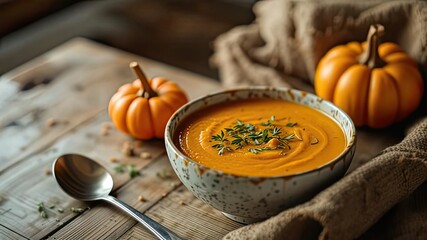Autumnal Pumpkin Puree Soup on Rustic Wooden Table