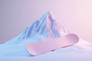 A pastel pink snowboard rests on a stylized, snow-covered mountain, a minimalist winter sports scene.