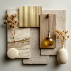material board collection of tactile and elegant materials for the interior of a luxury spa, including creamy marble with subtle golden veining, crudo-toned textured wall finishes, natural oak wood 