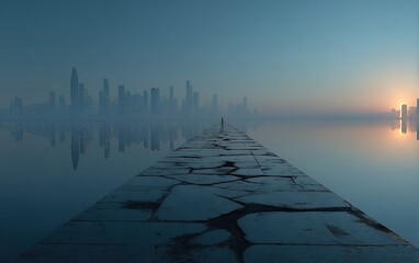 3D Rendered Minimalist Futuristic City Skyline with Light Blue Road and Water Reflections, Digital Art Perspective Design