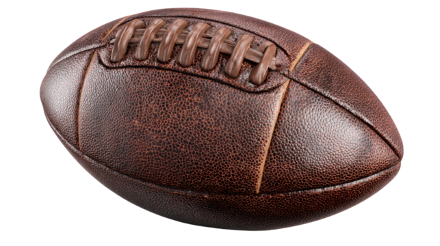 American Football: A detailed studio shot captures a classic American football, its aged leather texture and intricate stitching highlighting the iconic sporting equipment.