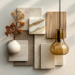material board collection of tactile and elegant materials for the interior of a luxury spa, including creamy marble with subtle golden veining, crudo-toned textured wall finishes, natural oak wood 
