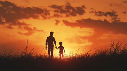 Fototapeta premium Father and son holding hand in hand at the sunrise time.