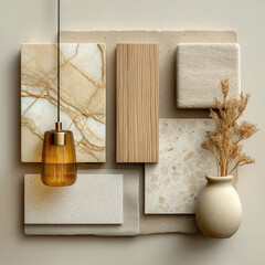material board collection of tactile and elegant materials for the interior of a luxury spa, including creamy marble with subtle golden veining, crudo-toned textured wall finishes, natural oak wood 