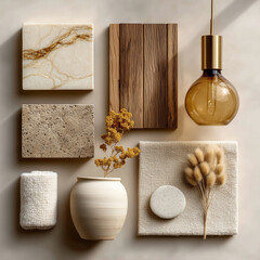 material board collection of tactile and elegant materials for the interior of a luxury spa, including creamy marble with subtle golden veining, crudo-toned textured wall finishes, natural oak wood 