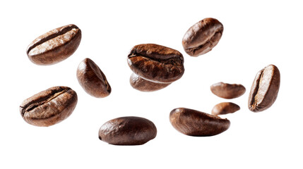 Obraz premium Floating Coffee Beans: A collection of roasted coffee beans floats delicately, capturing the aroma and essence of freshly brewed beverage, with light and shadow creating a visual symphony.