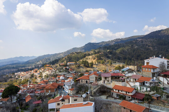 Panoramic view of Foini village in Troodos mountains, Cyprus