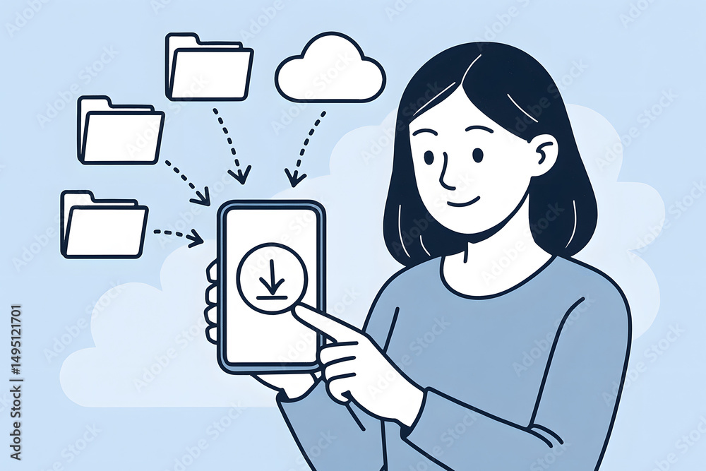 Poster data synchronization illustration: a user, with a smile on their face, interacts with their device, 