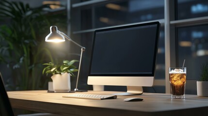 A modern office workspace featuring a sleek computer, desk lamp, and refreshing drink, perfect for productivity and inspiration.