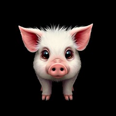 Fototapeta premium Niedliches Babyferkel mit großen Kulleraugen und flauschigem Fell auf schwarzem Hintergrund – perfekt für Kinder- oder Tierdesigns.