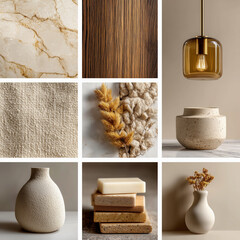 material board collection of tactile and elegant materials for the interior of a luxury spa, including creamy marble with subtle golden veining, crudo-toned textured wall finishes, natural oak wood 