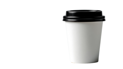 Disposable Coffee Cup: A simple white disposable coffee cup with a black lid, perfect for showcasing your branding or design.