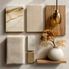 material board collection of tactile and elegant materials for the interior of a luxury spa, including creamy marble with subtle golden veining, crudo-toned textured wall finishes, natural oak wood 