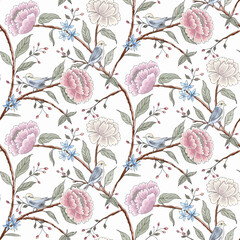 seamless pattern with pink flowers and birds The Chinoiserie style