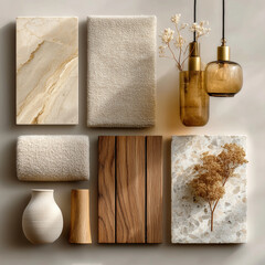 material board collection of tactile and elegant materials for the interior of a luxury spa, including creamy marble with subtle golden veining, crudo-toned textured wall finishes, natural oak wood 