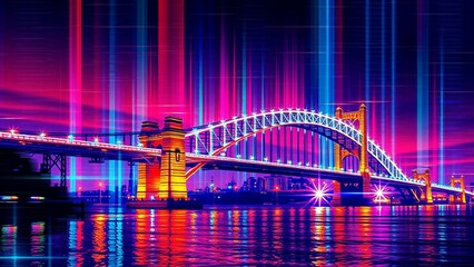 Obraz premium Digitale Illustration einer beleuchteten Brücke bei Nacht mit vertikalem Glitch-Effekt in Pink und Blau – futuristische Stadtästhetik.