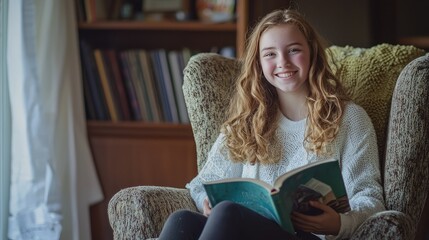 teenage girl with a soft smile, her favorite vinyl spinning, as she relaxes on a cozy chair with a good book.