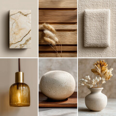 material board collection of tactile and elegant materials for the interior of a luxury spa, including creamy marble with subtle golden veining, crudo-toned textured wall finishes, natural oak wood 