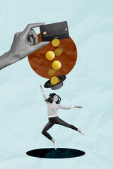 Zine vertical image photo art collage of happy businesswoman businessman stand hat collect dollar money credit card deposit