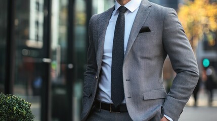 A man in a gray suit and tie, standing in front of a building with a green tree in the background.