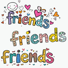 Colorful, playful lettering spelling "friends" three times, each with unique designs. Doddle letters.