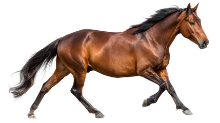 Obraz premium Running Horse: A majestic bay horse with a flowing mane and tail gallops effortlessly against a pure white background.