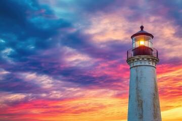 Lighthouse glowing at vibrant sunset, a beacon of hope and guidance against a colorful sky.
