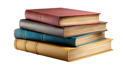 Literary Cascade: A stack of four meticulously bound books, each with its unique cover and design, create a visually appealing and thought-provoking scene.