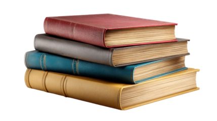 Literary Cascade: A stack of four meticulously bound books, each with its unique cover and design, create a visually appealing and thought-provoking scene.