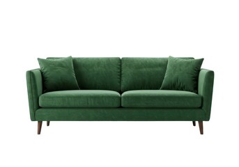 Green velvet sofa isolated on white background with two pillows