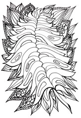 Monochrome illustration for coloring. Isolated cartoon image. Lush tropical plume for a tattoo or fashion design. Tribal feather for the Brazilian carnival. Ethnic backdrop with soft wave of leaf.