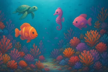 Fototapeta premium Abstract Dreamy Fish, Turtle, and Seahorse Children's Playground Display Board Background Wallpaper