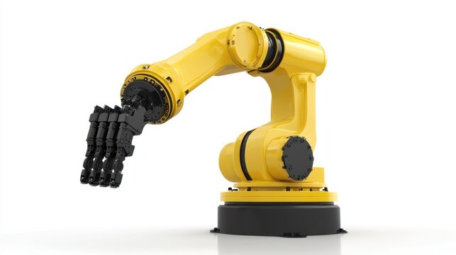 A yellow robotic arm with a black hand, positioned against a white background.