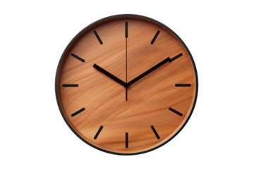 Minimalist Wooden Wall Clock with Black Hands on a transparent background