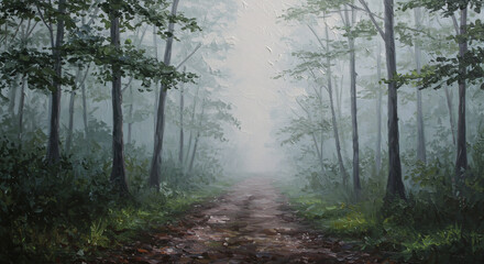 Obraz premium Misty Trail Through the Woods: A serene pathway cuts through a tranquil, misty forest, inviting exploration and contemplation amidst nature's beauty.