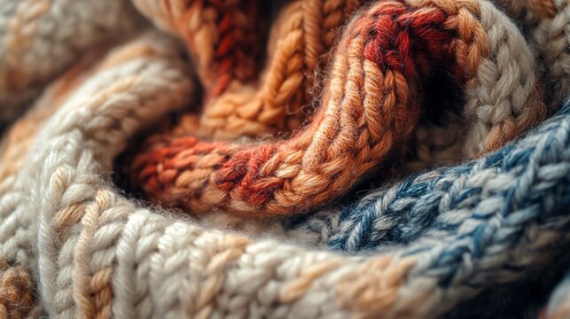Close up of colorful knitted wool, showing the texture and detail of the yarn and knitting