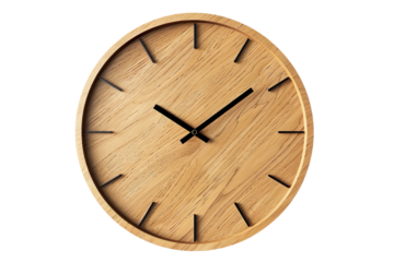 Minimalist Wooden Wall Clock with Black Hands on a transparent background