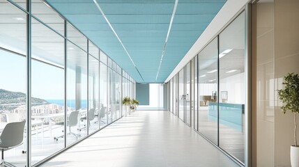 Modern, bright office corridor with panoramic views.