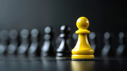 A yellow and black chess piece on a black chessboard with a blurred background.