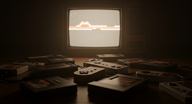 Retro Video Game Console and Cartridges on Table