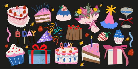 Big set of Happy Birthday elements in doodle retro style. Cartoon birthday stickers for greeting cards, postcards, poster, print, invitation, event. Cakes, gifts, flowers, candles, confetti © luamor