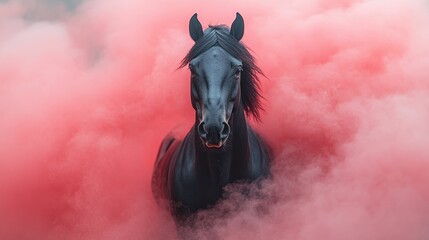 Obraz premium Black horse in pink smoke (1)