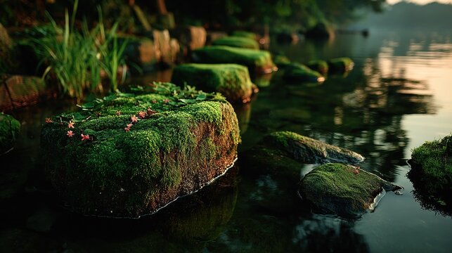 Emerald Moss-Clad Stones with Blossom Accents: Misty Waterside Serenity in Golden Hour Glow for Nature Wall Art & Meditation Spaces