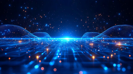 Abstract digital landscape with blue wireframes, glowing points, and orange particles floating above a grid