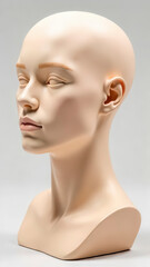 The head of a hairless mannequin with a delicate, smooth skin tone